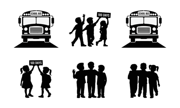 School Bus and Kids Silhouettes Vector Review